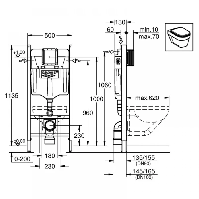 Инсталляция подвесного унитаза GROHE Rapid SL 3в1, кнопка SKATE COSMOPOLITAN прямоугольная, хром UA388400WG+38732000