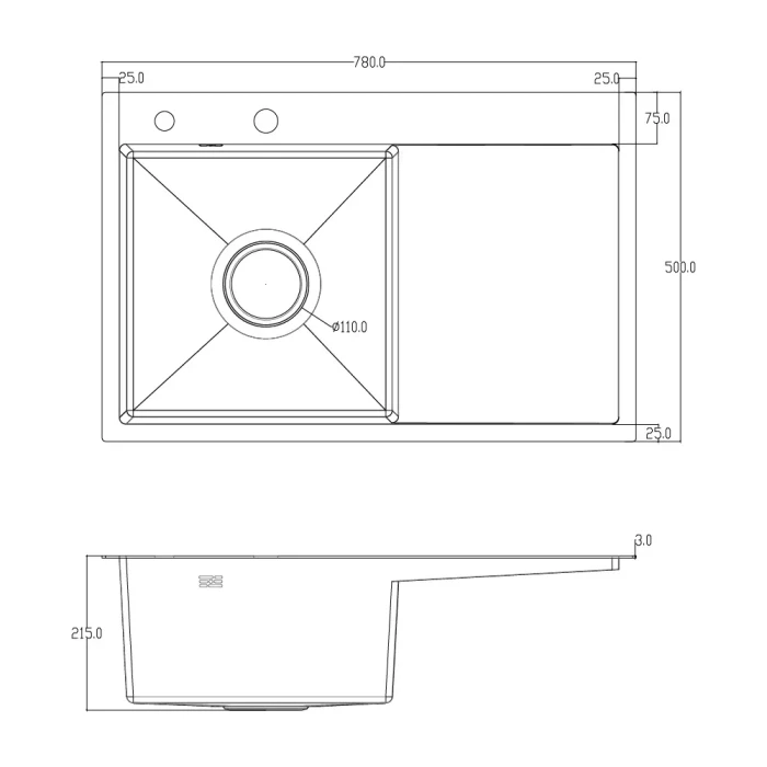 ID 7850 L-B Мойка для кухни с крылом. чаша ліва 780x500x215мм (3.0/0.8 мм) сиф, дозат, кош. PVD Black {1/1}