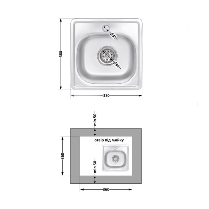Кухонная мойка Brinex 3838 0,6 мм Satin (BRIN3835SAT06)