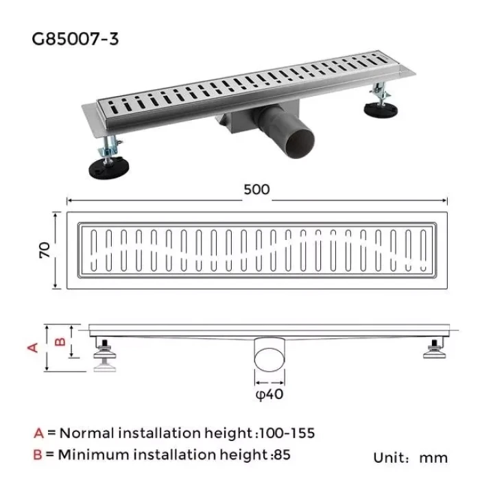 Трап для душу GAPPO G85007-3, 70х500 мм, нержавіюча сталь