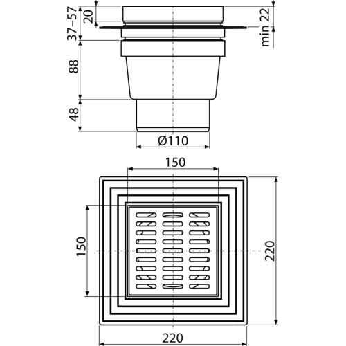 APV13 Трап 150*150/110 нерж. прямий {8}
