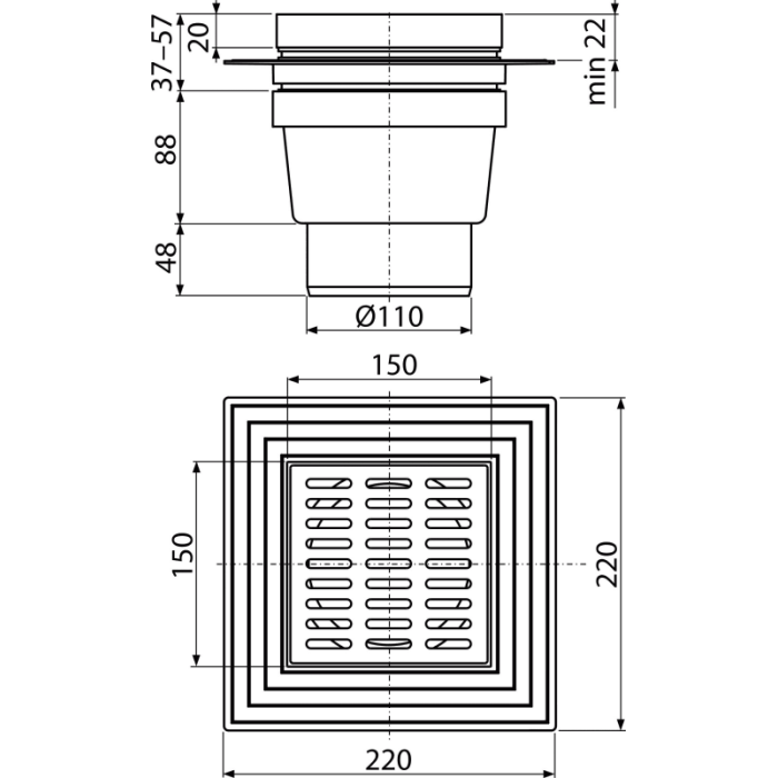 APV13 Трап 150*150/110 нерж. прямий {8}