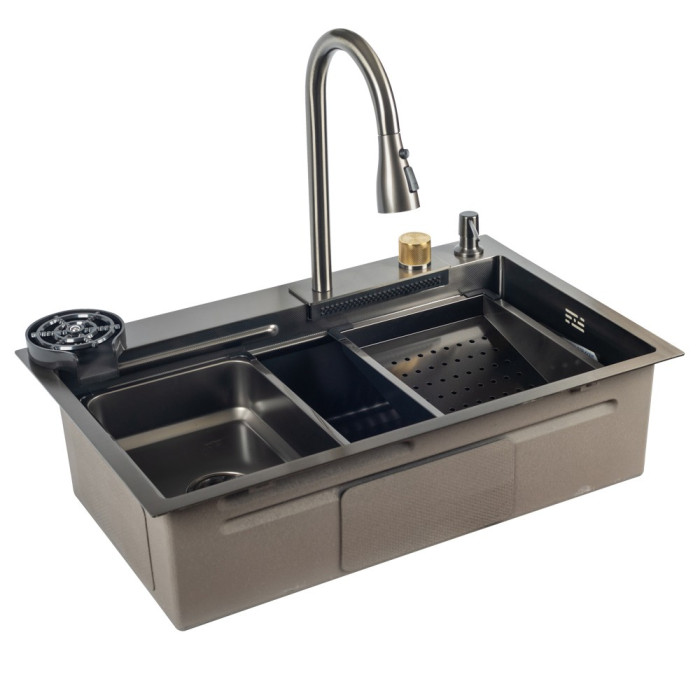 ID 7246-2BCW  PROFI 720x460x215мм,сифон. дозат. 2 кош, дошк, зміш. омив. склян. PVD DECOR Black{1/1}