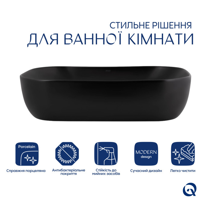 Комплект Qtap Robin: Раковина накладная прямоугольная 600x390x150 мм Matt Black + Донный клапан PU03