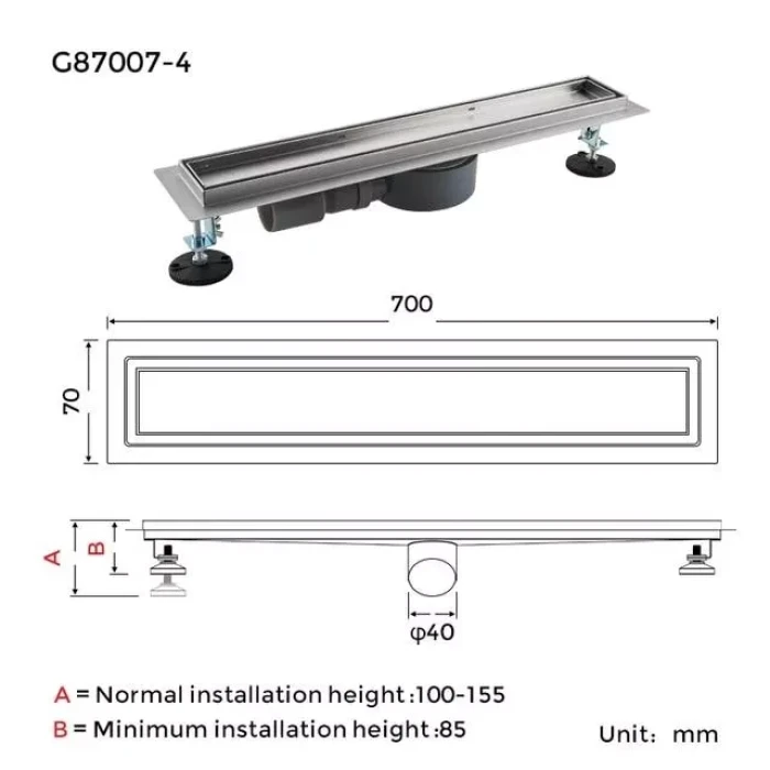 Лінійний трап під плитку GAPPO G87007-4, 70х700 мм, нержавіюча сталь