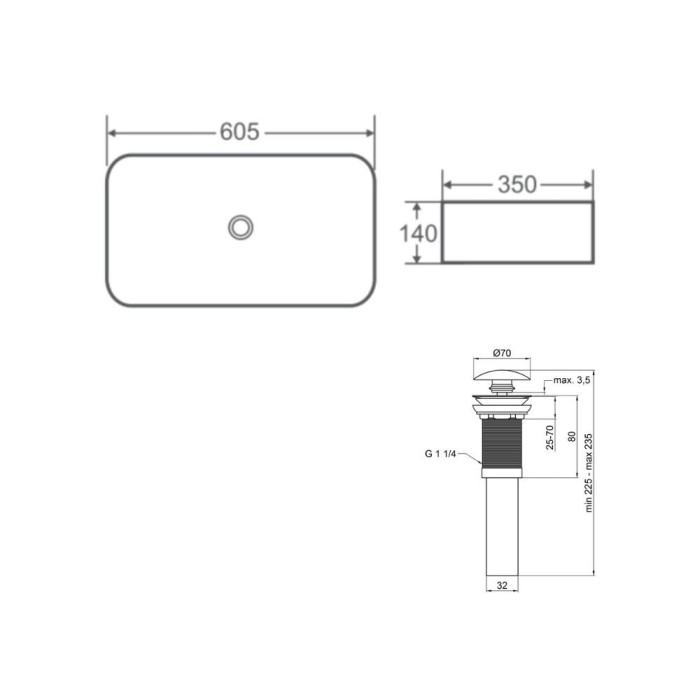 Комплект Qtap Tern: Раковина накладная прямоугольная 610x350x135 мм WHITE + Донный клапан PU02