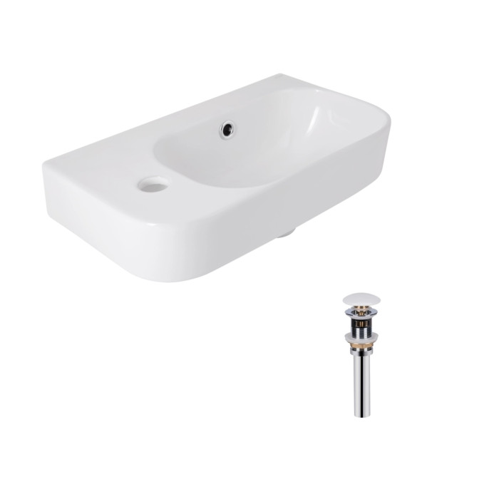 Комплект Qtap Tern: Раковина подвесная прямоугольная левая 450х250х158 мм White + Донный клапан PU02O