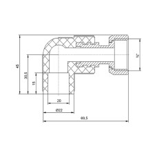 Кут з поліпропілену з накидною гайкою Blue Ocean 20х3/4", 90° ВР з латунним штоком