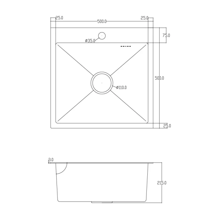 ID 5050 Мойка для кухни 500x500x215мм, (3.0/0.8мм),SUS 304 сифон, дозатор, кошик, Satin {1/1}