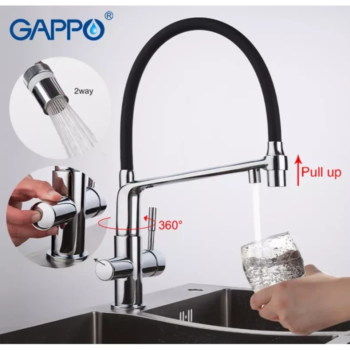 Змішувач для кухні на дві води GAPPO G4398-7 з гнучким виливом, чорний/хром