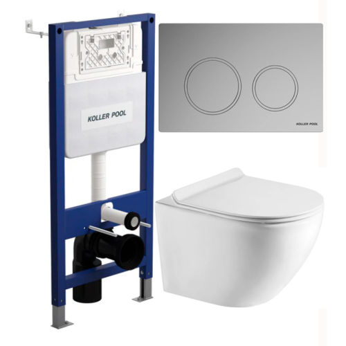Інсталяція KOLLER POOL AQUA LINE з підвісним унітазом Round Smart Tornado3, дюропластовим сидіння slim soft-clous та хромованою кнопкою Twist KPAL-H02+RN-0490-RQ3+KP-TW-001