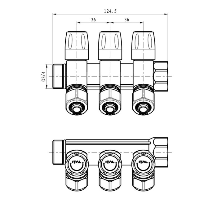 Колектор ITAL 3 вих. нік. 3/4"x16*2 з рег. вентилями+перехід під нг {30}