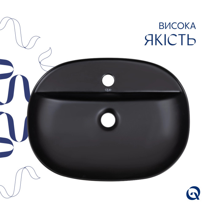 Комплект Qtap Scorpio: Раковина накладная овальная 500x380x120 мм Matt Black + Донный клапан PU03