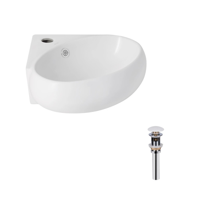 Комплект Qtap Leo N: Раковина подвесная угловая овальная 380x360x130 мм WHITE + Донный клапан PU02O