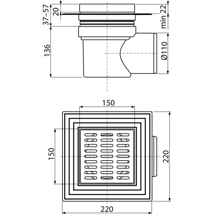 APV12 Трап 150*150/110 нерж. боковий {8}