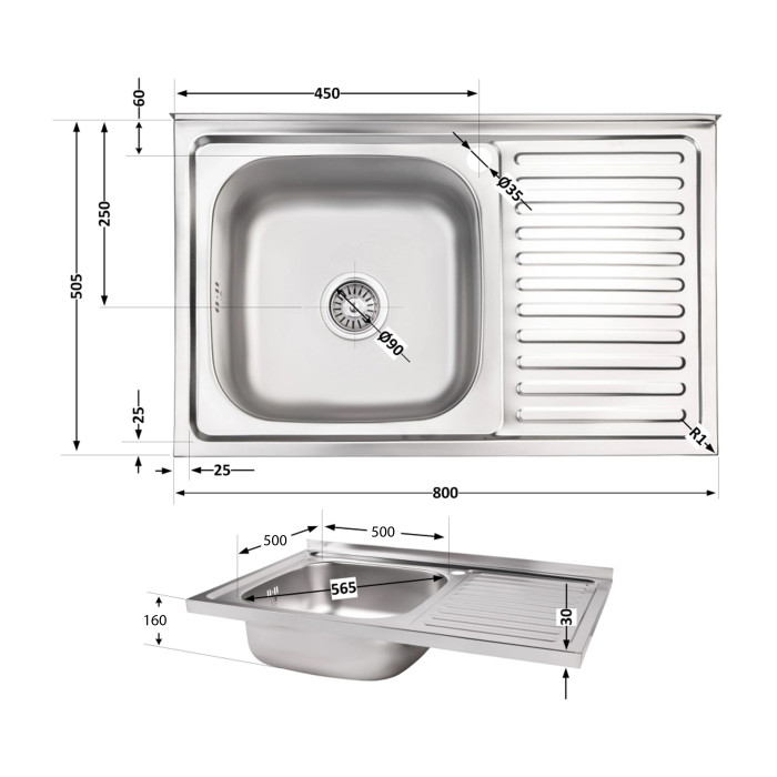 Кухонная мойка Brinex 5080-L 0,8 мм Satin (BRIN5080LSAT06)