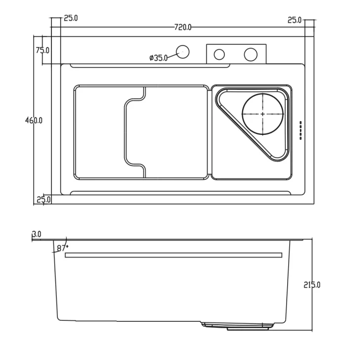 ID 7246-BC Мойка для кухни PROFI 720x460x215мм,(3.0/0.8мм),сифон. дозат. 2 кош, дошк, зміщувач PVD Black {1/1}