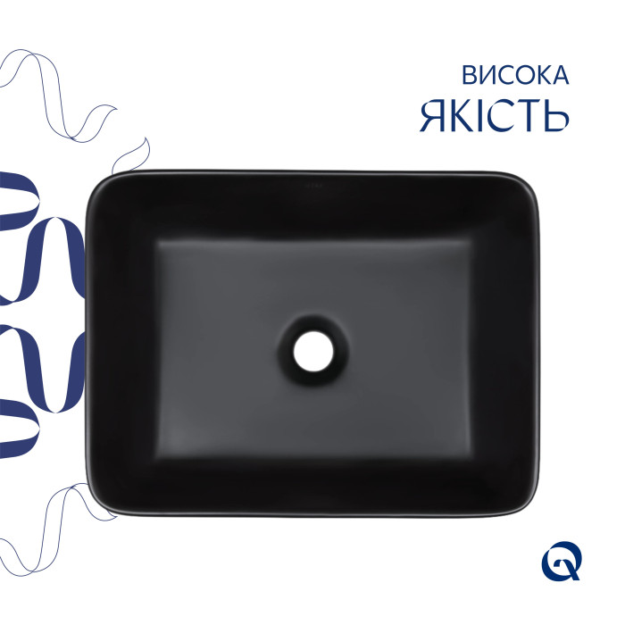 Комплект Qtap Tern: Раковина накладная прямоугольная 480х370х135 мм Matt Black + Донный клапан PU03