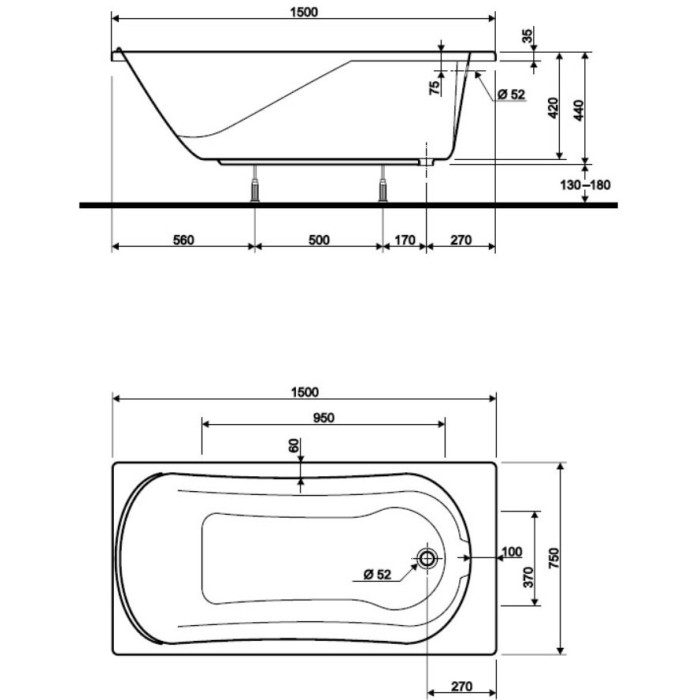 Ванна акриловая KOLO COMFORT  150*75 см 001036