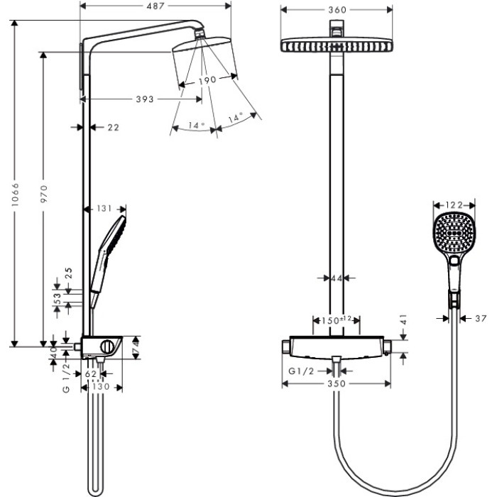 Raindance Select E Air 1jet 360 мм Showerpipe Душевая система с термостатом, белый/хром Raindance Select E Air 1jet 360 мм Showerpipe Душевая система с термостатом, белый/хром