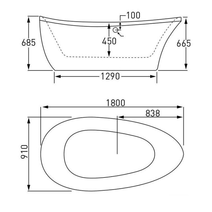 Ванна окрема 1800*910*685мм, акрилова, з сифоном