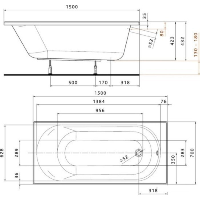 Ванна акриловая KOLO OPAL PLUS  150х70 см