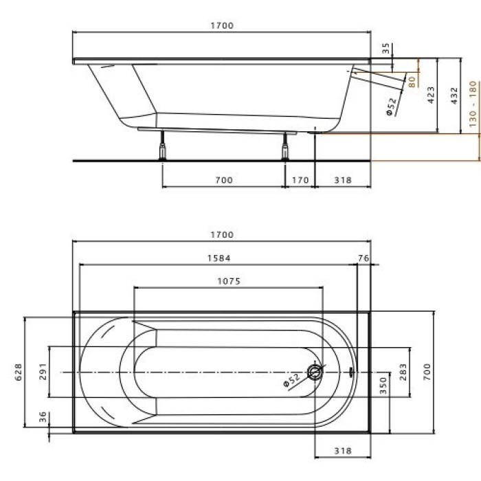 Ванна акриловая KOLO OPAL PLUS 170х70 см