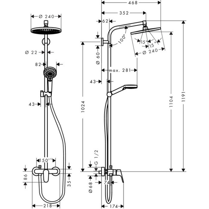 Crometta S 240 1jet Showerpipe Душова система з одноважільний змішувач, хром