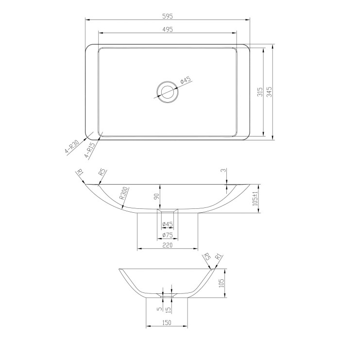 Умывальник 59,5*34,5*10,5см накладной каменный Solid surface