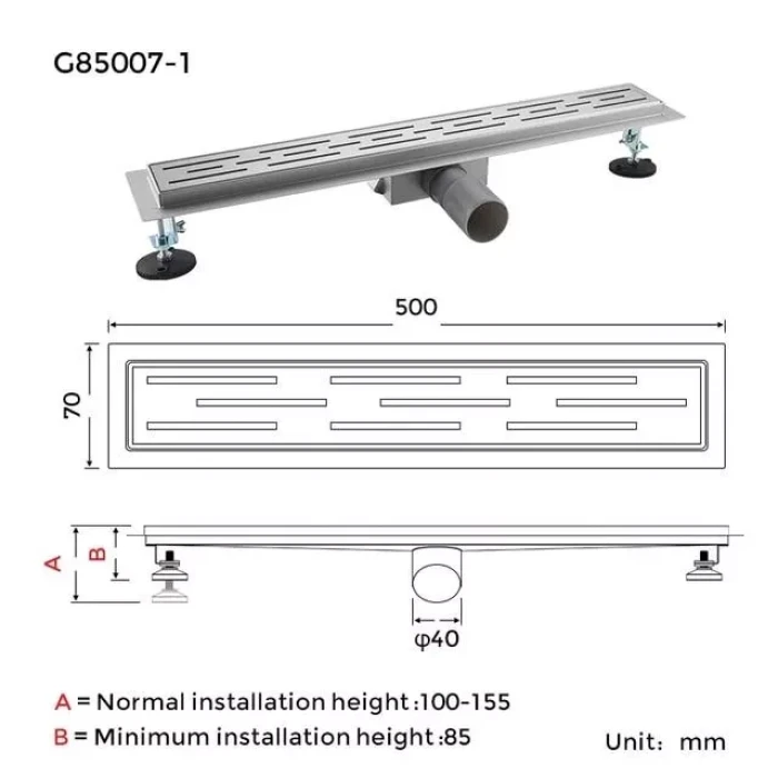 Трап для душу GAPPO G85007-1, 70х500 мм, нержавіюча сталь