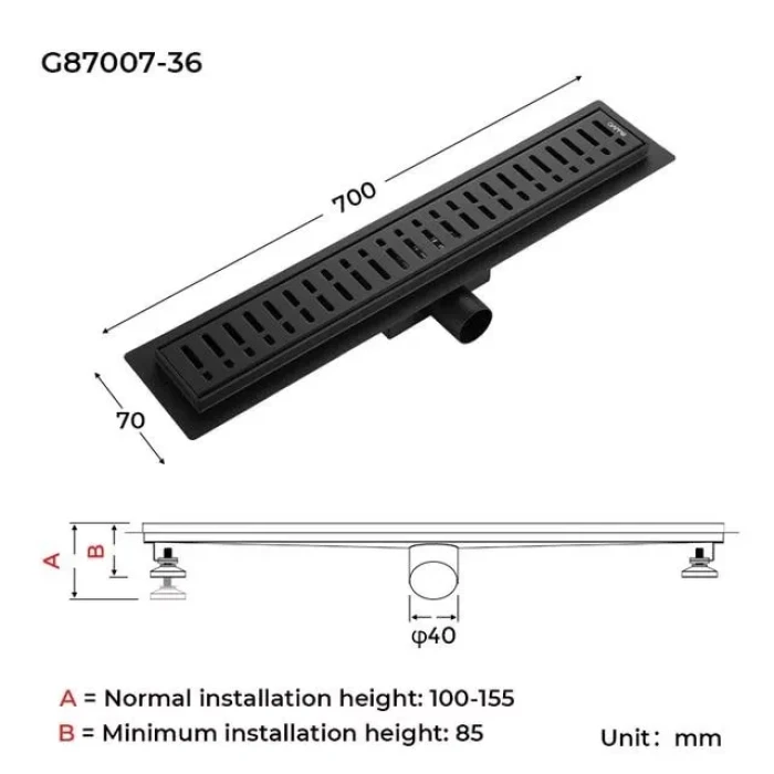 Трап для душу GAPPO G87007-36, 70х700 мм, нержавіюча сталь, чорний