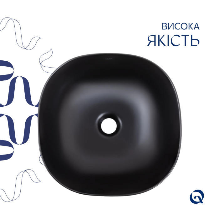 Комплект Qtap Kolibri: Раковина накладная квадратная 400х400х140 мм Matt Black + Донный клапан PU03