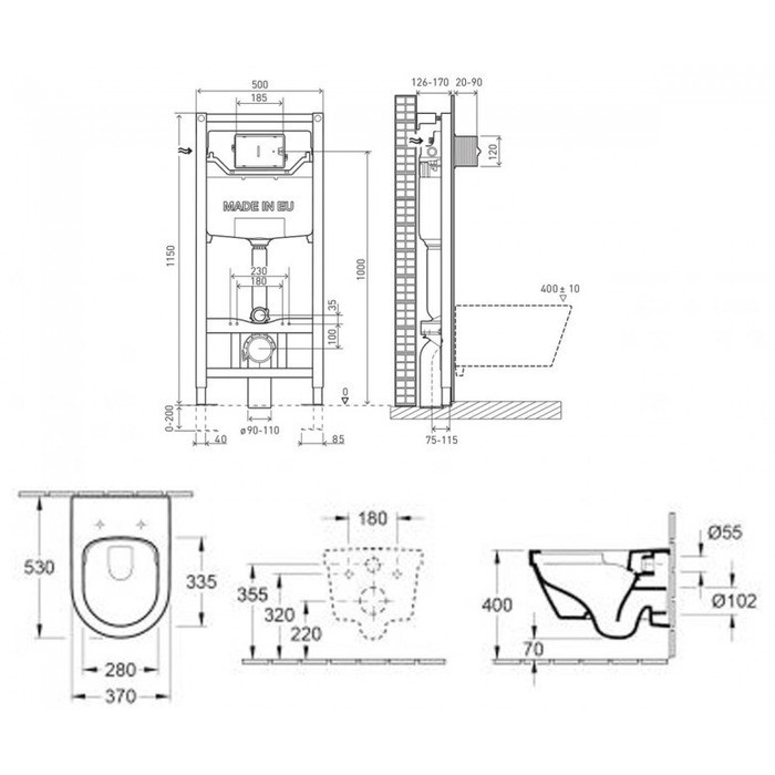 Комплект: унитаз подвесной VILLEROY & BOCH ARCHITECTURA Directflush 4694HR01 37*53см с сидением с функцией slow closing +инсталяция для подвесного унитаза VOLLE MASTER NEO 201010 без клавиши