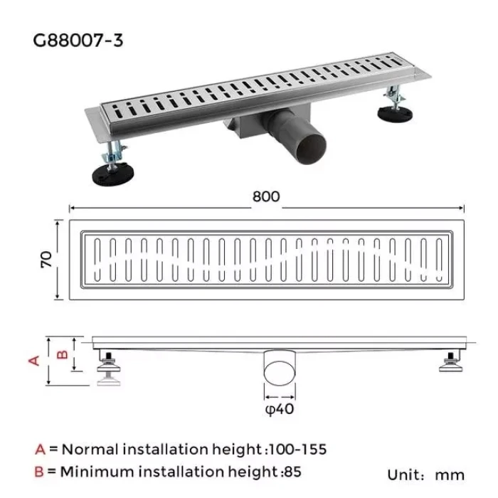 Трап для душу GAPPO G88007-3, 70х800 мм, нержавіюча сталь