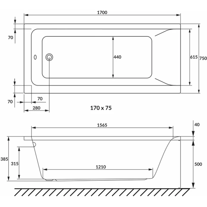 Ванна акрилова прямокутна VOLLE Solo 170x75/5мм (без ніг)