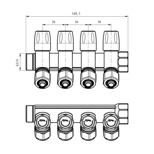 Колектор ITAL 4 вих. нік. 3/4"x16*2 з рег. вентилями+перехід під нг {25}