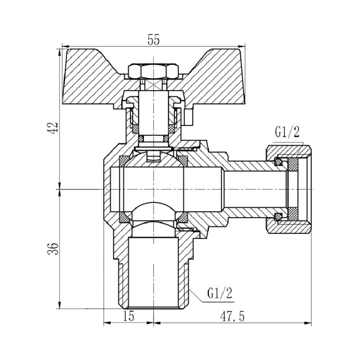 Кран шаровой с накидной гайкой SD Forte 1/2" ВН для воды угловой SF224W15