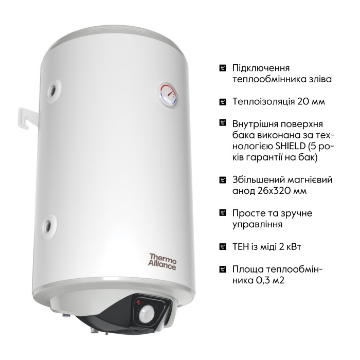 Водонагреватель электрический комбинированный Thermo Alliance вертикальный 80 л. т.о. 0,24 кв.м левый, мокрый ТЭН 2,0 кВт (CWH 8044 4S L)