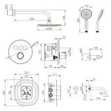 KUCERA Click система душова прихованого монтажу (термостат 3 функції, душ d230 мм ABS, лійка 3 режими, вилив, шланг 1500 мм PVC), чорний матовий