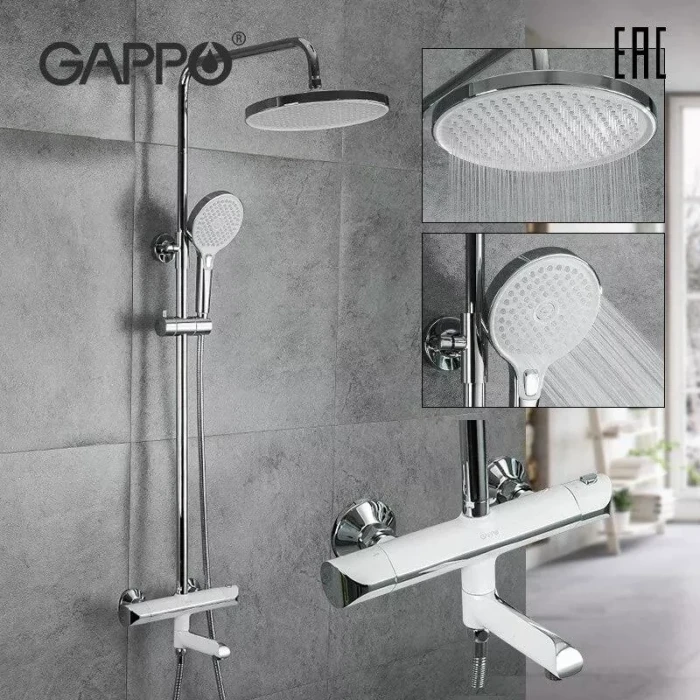 Душова система з термостатом GAPPO G2403-58, вилив - перемикач на лійку 3 режими, білий/хром