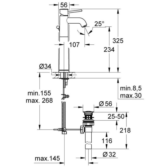 Змішувач для умивальника Grohe BauClassic 32868000 одноважільний