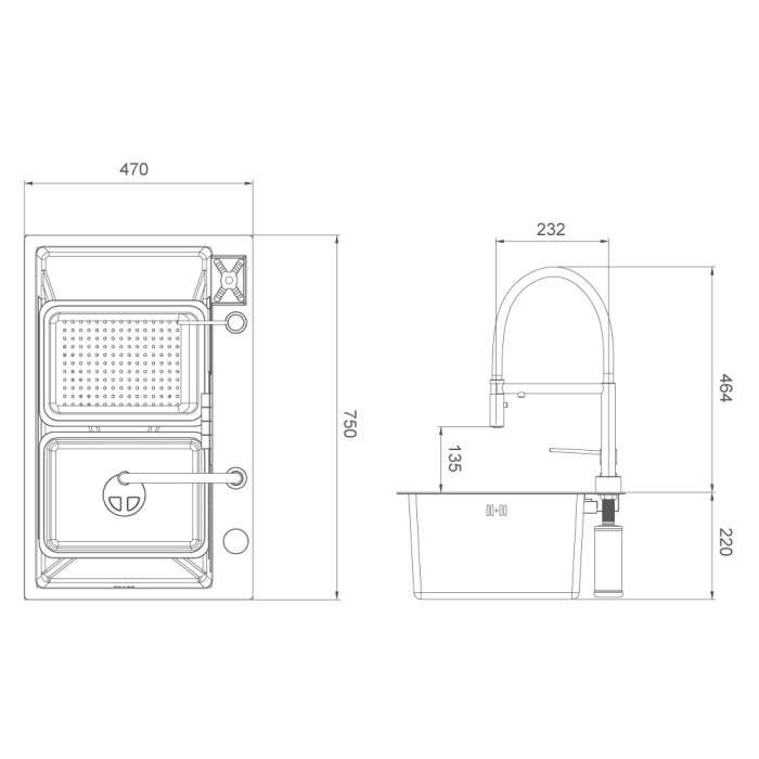GS 7547-19 мийка PROFI 750*470 змішувач+сифон+ коланд.+дозатор+омивач склянк. (збройва сталь) {1/1}