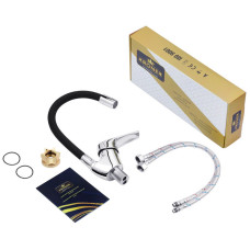 Змішувач для кухнї KRONER KRM Odra d-35, гнучкий гусак на гайці, чорний/хром