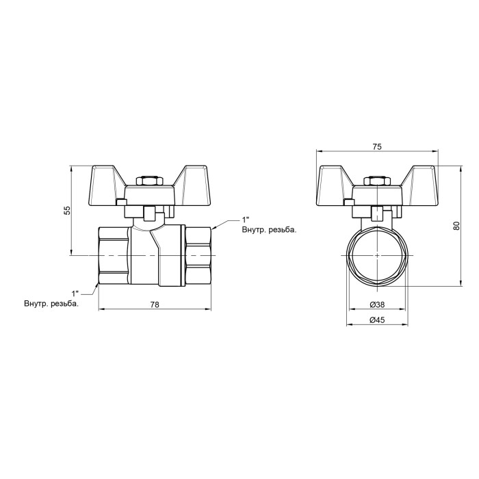 Кран шаровой SD Forte 1" ВР для воды (бабочка) SF602W25