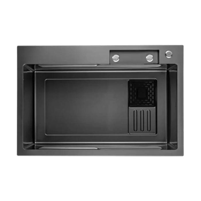 ID 7545-BC Мойка для кухни PROFI 750x450x215мм,(3.0/0.8мм),сифон. дозат. 2 кош, дошк, зміщувач PVD Black {1/1}