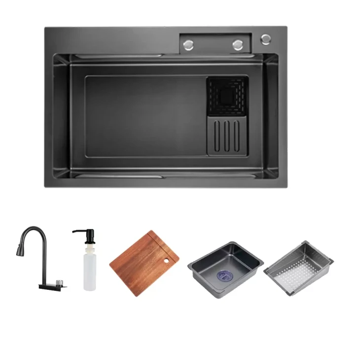 ID 7545-BC Мойка для кухни PROFI 750x450x215мм,(3.0/0.8мм),сифон. дозат. 2 кош, дошк, зміщувач PVD Black {1/1}