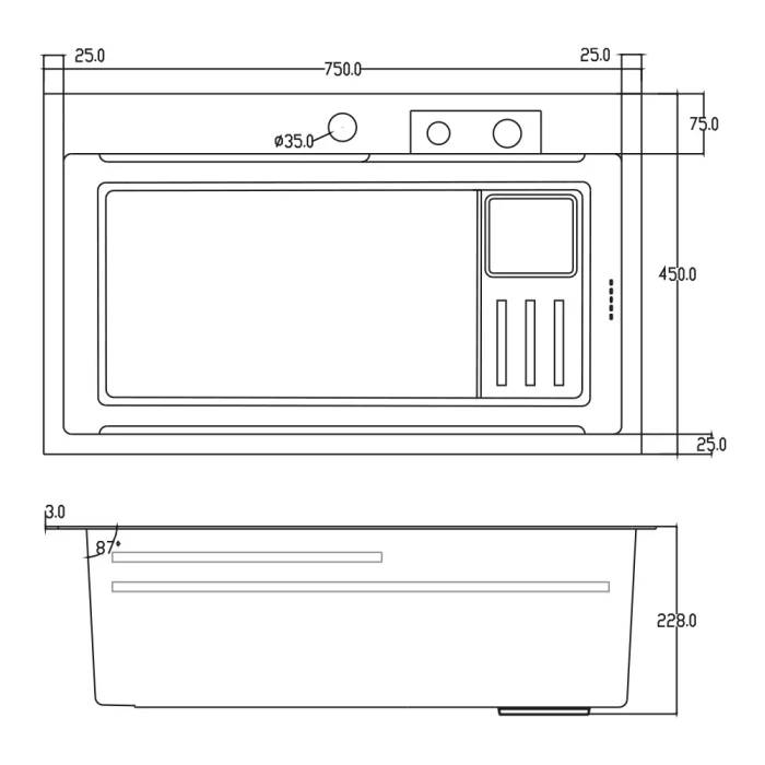 ID 7545-BC Мойка для кухни PROFI 750x450x215мм,(3.0/0.8мм),сифон. дозат. 2 кош, дошк, зміщувач PVD Black {1/1}