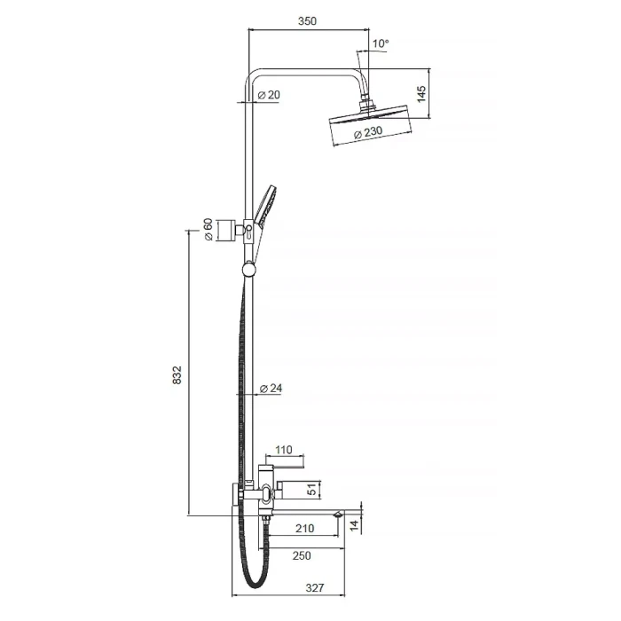 F2467-6 душ. система 3х функц. поворот. вилив лат. корпус Ø35 (чорний)** {4}