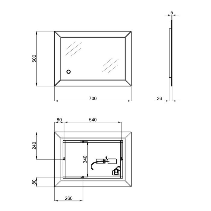 Дзеркало настінне QTAP Aries з LED-підсвічуванням, touch switch, reverse 500х700 мм
