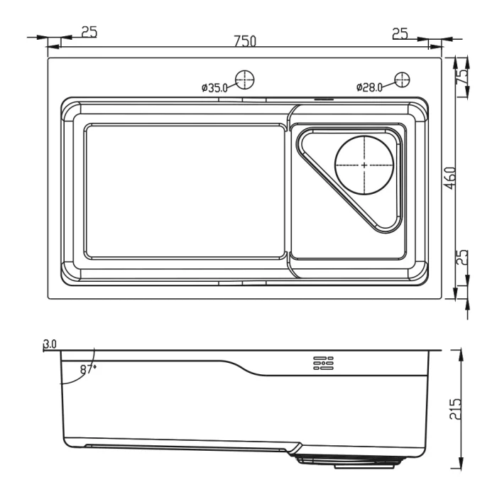 ID 7546-B Мойка для кухни 750x460x215мм,(3.0/0.8мм),сифон. дозат. 2 кошика PVD Black {1/1}